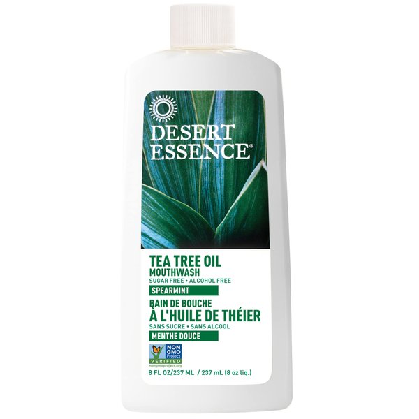 Desert Essence Tea Tree Oil Mouthwash with Essential Spearmint Oil & Aloe - Deep Cleansing, Invigorating Fresh Breath - Fights Cavities & Buildup - Vegan, Non-GMO, SLS-Free, Gluten-Free - 8oz
