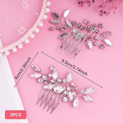 OIIKI 2PCS Silver Rhinestone Hair Combs, Clear Rhinestones Metal Bridal Hair Comb, Wedding Crystal Hair Accessories for Women, Girls, Brides for Christmas, Parties, Prom, Dance