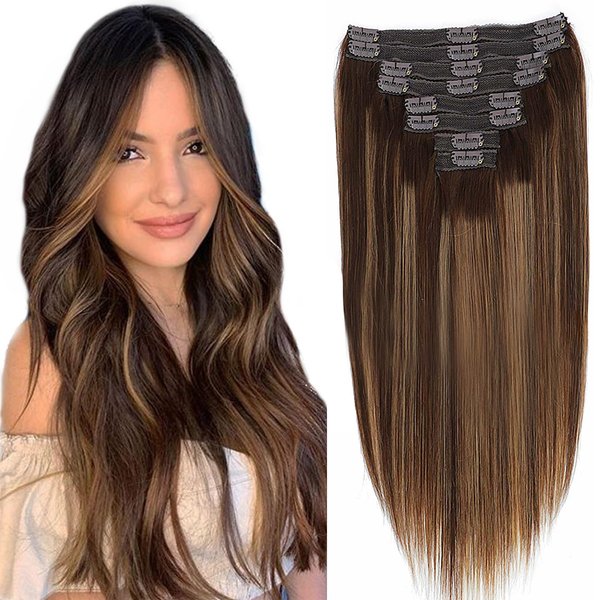 Clip in Hair Extensions Human Hair 120g Real Human Hair Extensions Clip in Balayage Chocolate Brown to Caramel Blonde 8PCS Clip in Straight Remy Hair Extensions (18inch,#4/27/4)