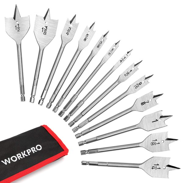 WORKPRO 13-Piece Spade Drill Bit Set in SAE, Paddle Flat Bits for Woodworking, Nylon Storage Pouch Included
