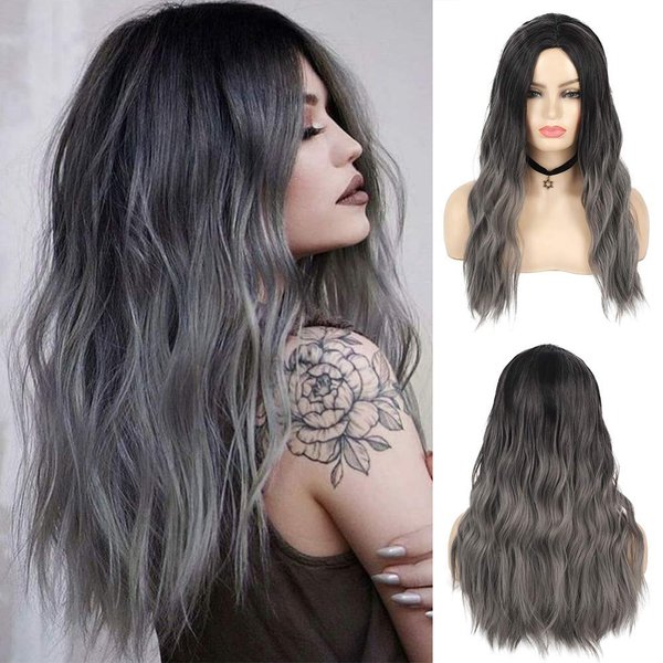 Sallcks Womens Ombre Grey Wig Long Curly Wavy Black Grey Middle Part Synthetic Wig Halloween Cosplay Costume Wig