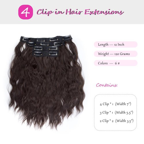 KGBFASS Hair extension 4 Piece Clip in Hair Extensions 12inch Short Curly Wavy Clip in on Hair Extensions Women's Full Head Synthetic Fiber Hairpieces 120g, Dark Brown