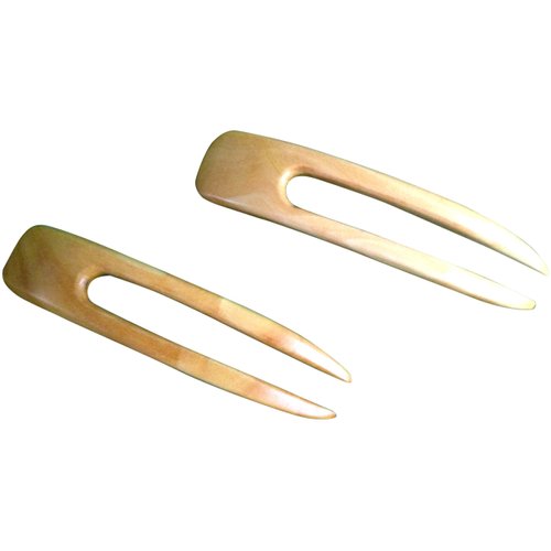 (2) Yellow Teak Wood Two Prong Curved 4.5 Inch Hair Stick Pick Pic Pin Fork