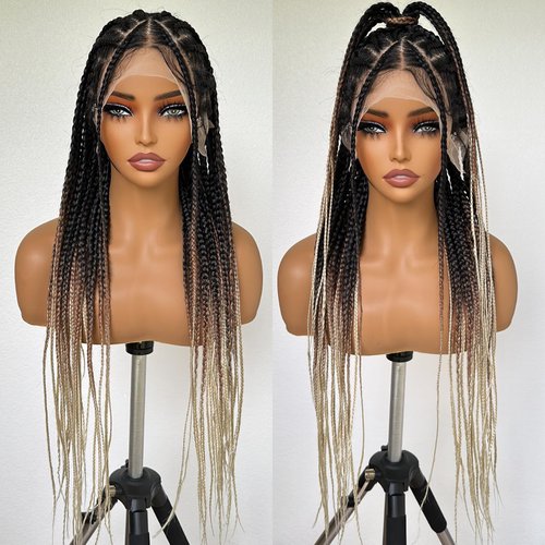FABÉLLE 30 Inch Braided Wig Non Embroidered Full Lace Knotless Box Braided Wigs 3 Tones T1B/30/613 Long Braiding Hair Wigs Synthetic Lace Front Wigs for Women