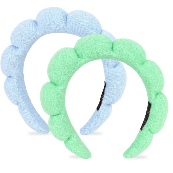 AMCAMI 2 PCS Puffy Spa Headband for Women Sponge Headbands for Girls Terry Towel Cloth Fabric Head Band for Skincare,Makeup Removal,Face Washing,Facial Mask,Shower,Hair Accessories（Blue&Light Green）