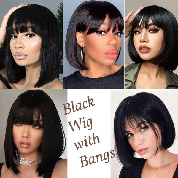 Ebingoo 14 Inches Short Black Bob Wigs with Bangs+Wig Cap Black Bob Wigs for Women Black Shoulder Length Wig Straight Black Wig for Halloween Party Heat Resistant Wig for Daily Wear