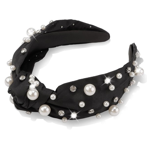 SuPoo Black Knotted Headbands for Women Pearl Rhinestone Top Knot Hairbands Bohemian Headbands Thick Head Bands for Women's Hair Non Slip Bride Headpieces Wide Hair Bands diademas para mujer de moda