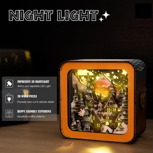3D Puzzle Nightlight-DIY LED Light Wooden Puzzle-Art Lamp and Craft Kits for Kids and Adults-Birthday Gifts Toys-Home Desk Decor Family Game Christmas Craft Kit (Christmas Eve)