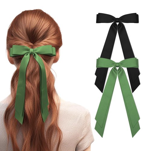 2Pcs Silky Satin Hair Bows for Women Hair Clip Hair Ribbon Ponytail Holder Accessories Slides Metal Clips Hair Bow for Girls Toddlers Teens Kids-Black/Green