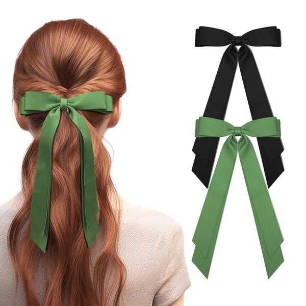 2Pcs Silky Satin Hair Bows for Women Hair Clip Hair Ribbon Ponytail Holder Accessories Slides Metal Clips Hair Bow for Girls Toddlers Teens Kids-Black/Green