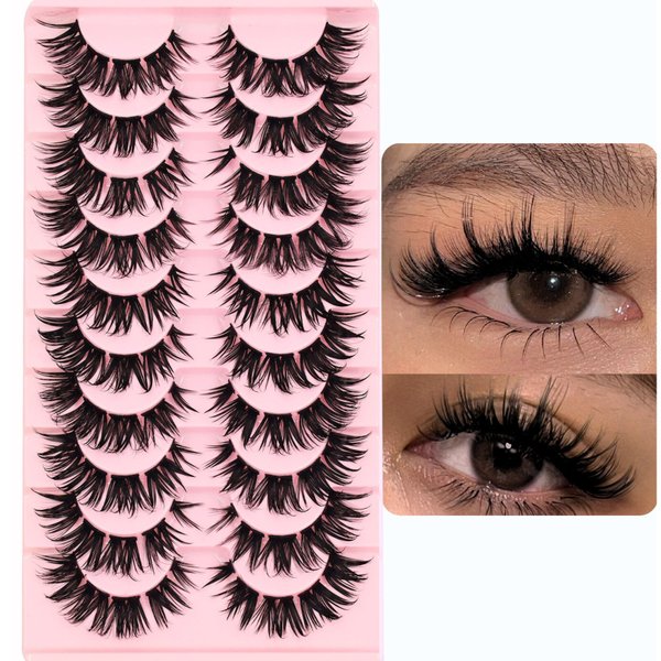 10 Pairs Mink Lashes Wet Effect Anime Look False Eyelashes Puffy 3D Cat Eye Lashes 16MM Individual Strips Clusters Lashes Extension by AUGENLI（08）