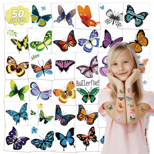 EMOME 50 Sheets Individually Wrapped Butterfly Tattoos for Kids Girls, Butterfly Birthday Decorations Temporary Tattoos for Kids, Butterfly Party Favors Supplies Decorations for Games Activities