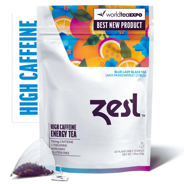 Zest 150mg High Caffeine Energy Leaf Blend - Blue Lady Black Tea - 20 Pack Bag - Hot or Iced - All Natural Strong Flavored Healthy Coffee Alternative Highly Caffeinated Substitute - Perfect for Keto