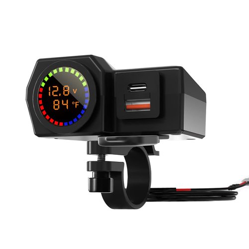 Bebeeco Motorcycle USB Charger, Waterproof Handlebar Clamp Power Adapter Charger, Quick Charge 3.0 USB + Type C Dual Port, with Voltmeter & Temperature & ON/Off Switch for Motorbike/Motorcycle/ATV
