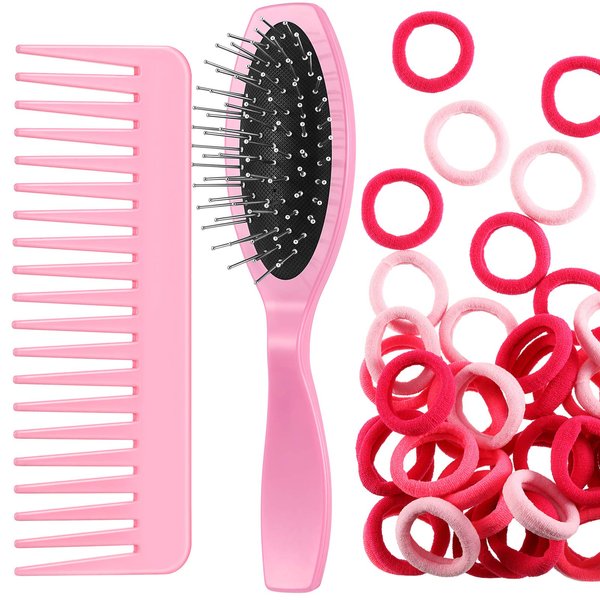 Doll Hair Care Set, Doll Hairbrush Wig Wire Brush, Wide Tooth Comb, 50 Piece Nylon Hair Ties, Hair Styling Doll Accessories Doll Supplies for Dolls (Light Pink)