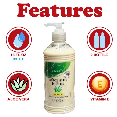 Daylogic After Sun Lotion with Aloe Vera, Pack of 2, Cooling and Hydrating Sunburn Relief Body Moisturizer for Sun-Burnt Skin, Fast-Absorbing Non-Greasy Formula, Paraben Free, 16 oz. Each