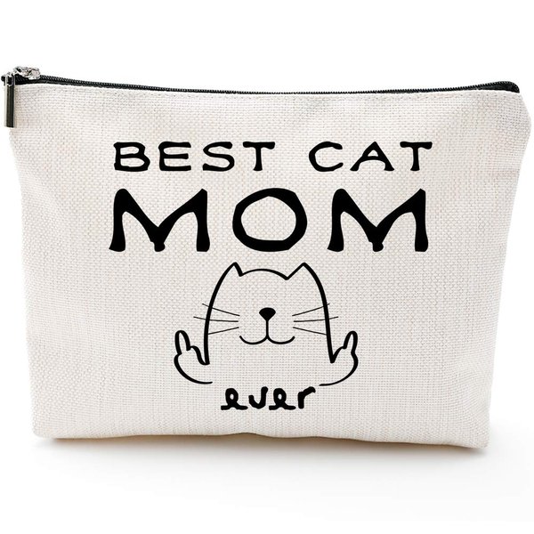 Blue Leaves Best Cat Mom Ever - Gifts for Cat Lovers for Women, Funny Cat Gifts Cat Lovers, Mothers Day Birthday Gifts for Mom - Funny Cat Makeup Bag, Cat Gift Cosmetic Bag 1