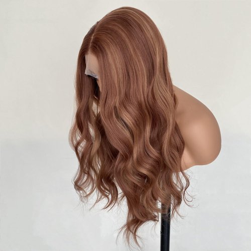 VASTCURY Copper Red Wigs Highlight Honey Blonde 13x4 Lace Front Wig Auburn Brown Color Synthetic Fiber 22Inch Long Body Wave Pre Plucked for Women Girls
