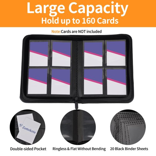 Zettokete Trading Card Binder 4 Pocket,Card Collection Binder with 160 Side Loading Pockets,TCG Card Album Folder Fit for MTG,Yugioh & Baseball Football Sports Cards,Black