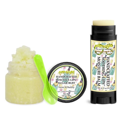 Sweet & Bubbly Soothing & Luscious Lips by OverSoyed Exfoliator & Chapped Lip Repair Lip Care Combo | Artisan Handcrafted to Order Champagne Fruity Herbal Vanilla Flavored Exfoliating Sugar Lip Scrub & Lip Moisturizer Balm Gift Set