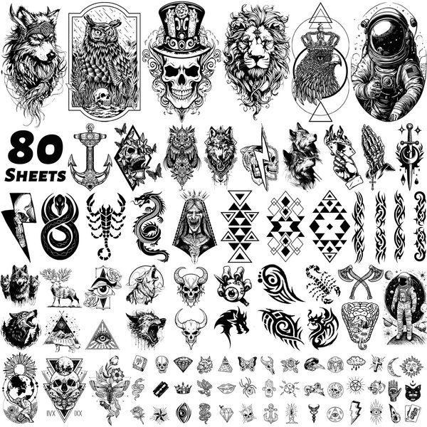 winthrop 80 Sheets Tiny Temporary Tattoos for Adult – Black Theme Waterproof Body Art Realistic Tattoos Stickers, Include Lion Wolf Tiger Owl Skeleton Skull