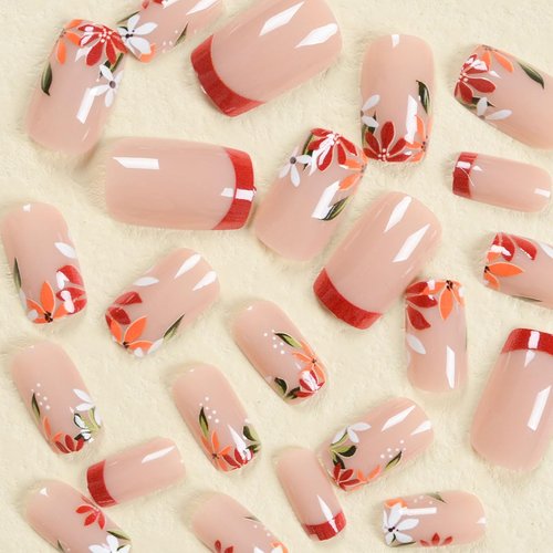 BFY Fall Press on Nails Short Square Red French Fake Nails, Red Orange Flowers Acrylic Nails Tip, Shiny Natural Fit Glossy Manicure Stick on Nails with Glue, False Nails Kit 12Sizes 24Pcs