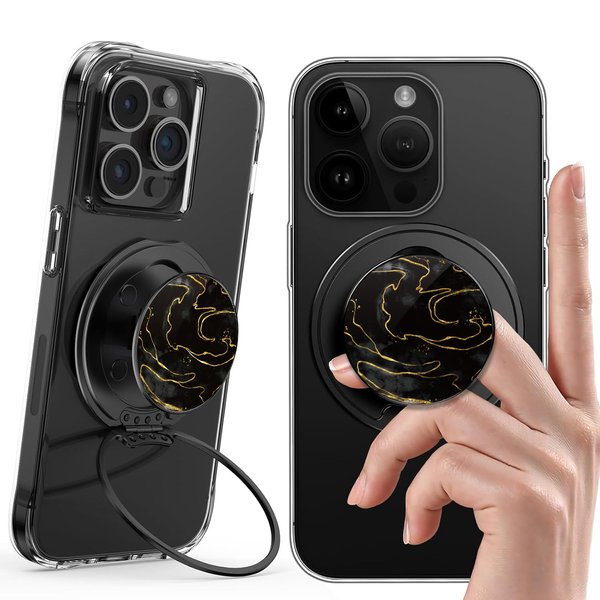 On The Grip Compatible with Magsafe Ultra-Thin Foldable Phone Grip – Sleek Magnetic Phone Holder for iPhone & Android, 360 Rotation, Wireless Charger Compatible, Durable & Portable (Black Marble)