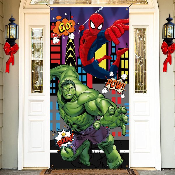Hero Boys Birthday Party Door Cover Banner Hero New York City Photography Backdrop Children Birthday Party Indoor Outdoor Yard Background Decoration Supplies 3x6FT