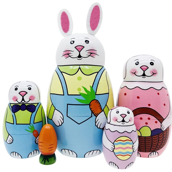 Cute Cartoon Rabbit Nesting Dolls Wooden Matryoshka Russian Doll Handmade Stacking Toy Set 5 Pieces for Kids
