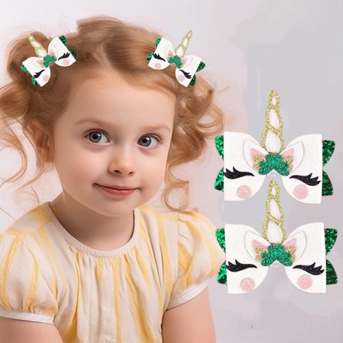 2 Pack St. Patrick's Day Glitter Sequin Shamrock Unicorn Hair Clips Alligator Barrettes Irish Green Clover Costume Hair Accessories for Women Girls Kids Holiday Party Favor Gifts