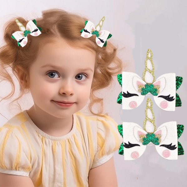 2 Pack St. Patrick's Day Glitter Sequin Shamrock Unicorn Hair Clips Alligator Barrettes Irish Green Clover Costume Hair Accessories for Women Girls Kids Holiday Party Favor Gifts