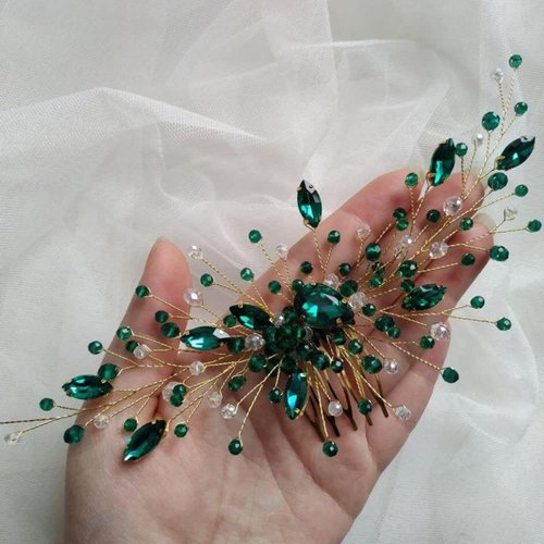 Teyglen Bridal Wedding Gold Silver Dainty Hair Combs Green Rhinestones Crystal Side Hair Comb Flower Crystal Bride Hair Accessories for Women and Girls (Gold Green)