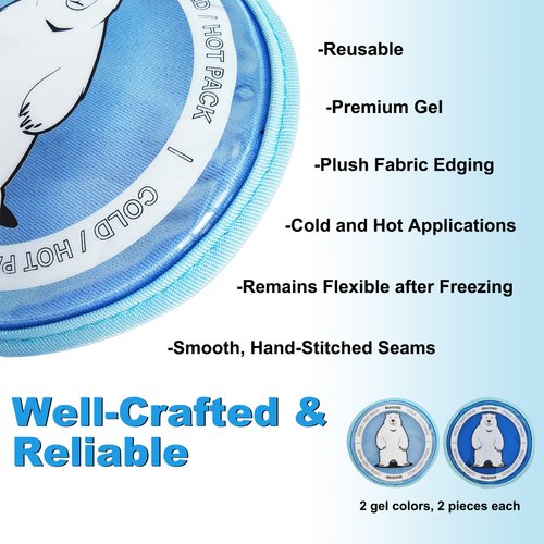 Large Reusable Soft Gel Ice Packs for Injuries, Kids Boo Boos, Fever, Pain Relief, Bumps & Bruises, Toothache, Hot Cold Compress, 4 Pcs (2 Clear+2 Blue), Easy to Hold with Elastic Band