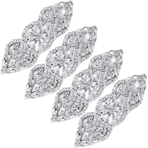 4 Pieces Rhinestone Applique Rhinestone Iron on Patch Rhinestone Hot Fix Applique Wedding Hair Appliques for Bridal Wedding Dress Clothes Sash Crystal Belt Sewing Appliques for Shoes (Silver)