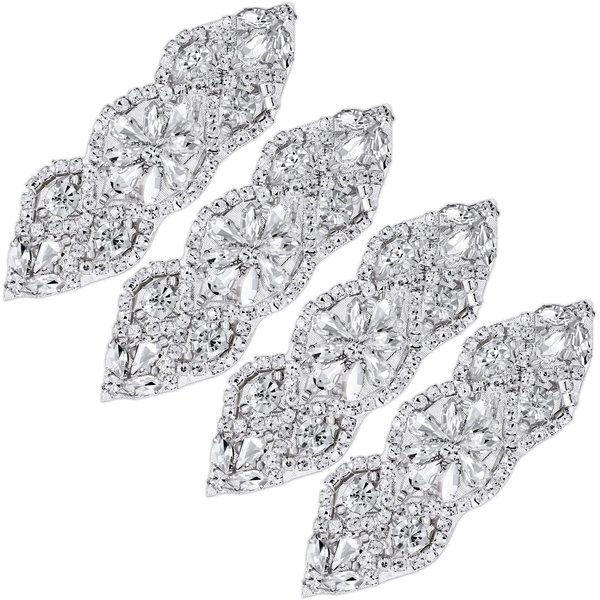 4 Pieces Rhinestone Applique Rhinestone Iron on Patch Rhinestone Hot Fix Applique Wedding Hair Appliques for Bridal Wedding Dress Clothes Sash Crystal Belt Sewing Appliques for Shoes (Silver)