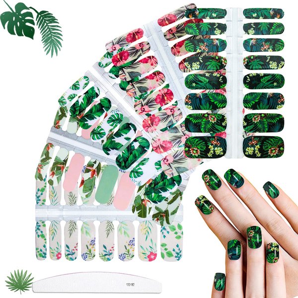 JERCLITY 5 Sheets Spring Palm Leaf Nail Polish Strips Stickers Full Nail Wraps for Women Nail Art Self-Adhesive Flower Leaf Nail Polish Wraps Sticker Nails for Women With Nail File