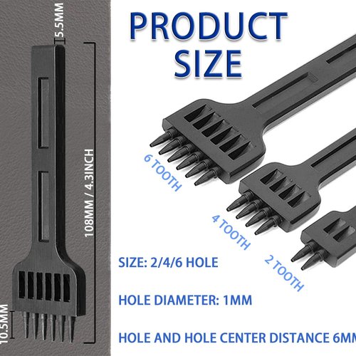 Prong Punch Tool Set - 3pcs 6mm Leather Row Round Hole Tooth Punch Tool, 2/4/6 Prong Tooth Circular Cut Lacing Stitching Chisel DIY Leathercraft Punching Accessories Kits for Leather Craft Supplies