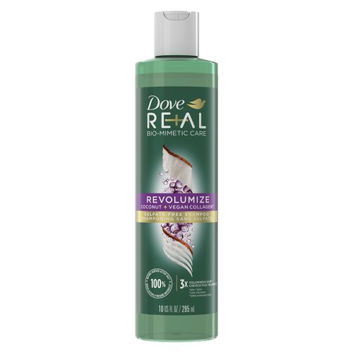 Dove RE+AL Bio-Mimetic Care Shampoo For Fine, Flat Hair Revolumize Sulfate-Free Volumizing Shampoo With Coconut + Vegan Collagen 10 Oz