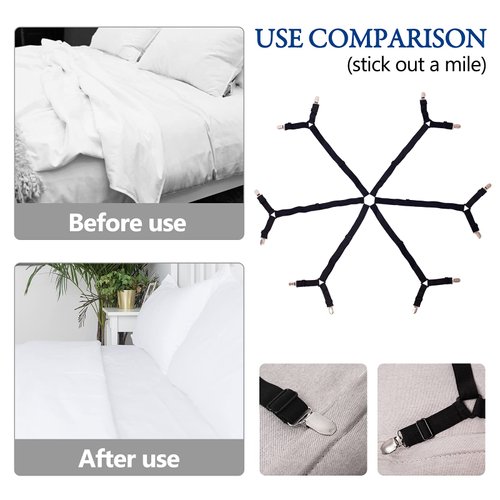 TGOOD Gift for Mum!Sheet Fasteners Keepers-Adjustable Elastic Bed Sheet Holder Straps for Full,Queen,King Twin Bed,6 Way Cross Sheet Clips Suspenders Band,Fitted Round and Square Mattresses.(Black)