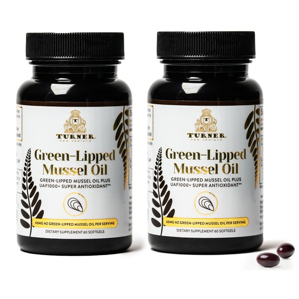 TURNER New Zealand Green Lipped Omega-3 Mussel Oil, 53x Higher Potency with UAF1000+ Super Antioxidant for Superior Joint Comfort & Mobility, No Fishy Aftertaste, 2 Bottles, 120 Softgels