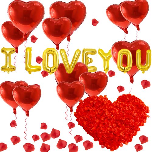 I Love You Balloons and Heart Balloons with 500 Pieces Rose Petals, Foil Mylar Love Balloons for Him/Her Wedding Anniversary Engagement Valentine Day Romantic Decorations Special Night Party Supplies