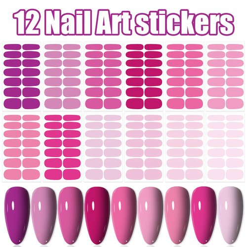 WOKOTO 12 Sheets Pink Series Nail Stickers Full Nail Wraps for Women Girls Solid Nail Stickers Decals Gel Nail Strips for Women Girls Stick On Nails Polish Stickers Gel Nail Stickers Strips