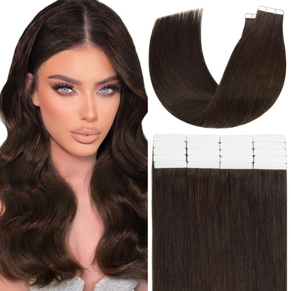 Anrosa 22 Inch Tape in Hair Extensions Human Hair 50G 20Pcs Straight 100% Remy Seamless Skin Weft Invisible Double Sided Tape Hair for Women Tape in Hair Extension Light Dark Brown #2A