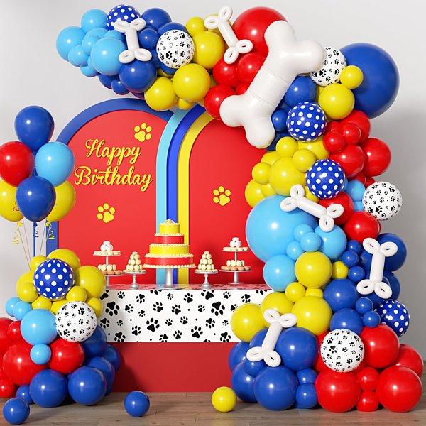 152pcs Paw Balloons Garland Arch Kit, Paw Print Balloons with Dog Bone Foil Balloons Royal Blue Yellow Red Balloons for Baby Shower Paw Themed Birthday Party Decorations