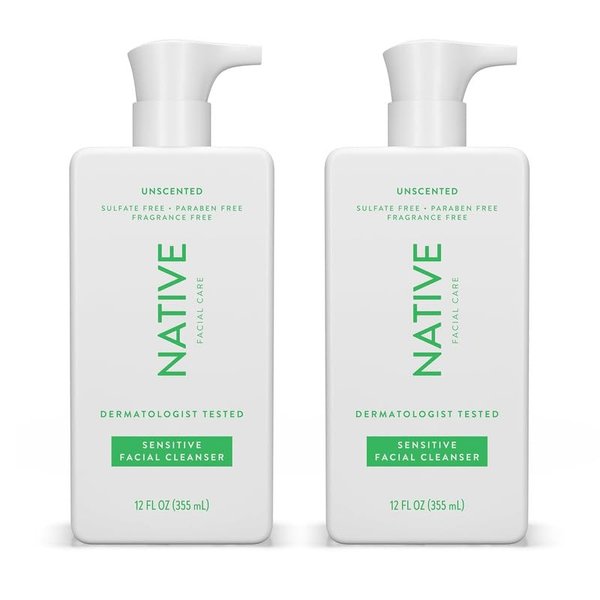 Native Sensitive Face Wash, Spa Day Every Day Facial Cleanswer (2 Pack) | Daily Face Cleanerwith Aloe and Vitamin B3, Unscented, 12 fl oz