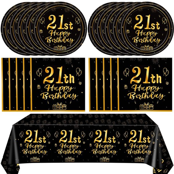 41 PCS 21st Birthday Decorations for Women Men Black and Gold Cheers to 21 Years Set Included Plates Napkins Tablecloth for Her Him 21 Years Old Birthday Party Supplies