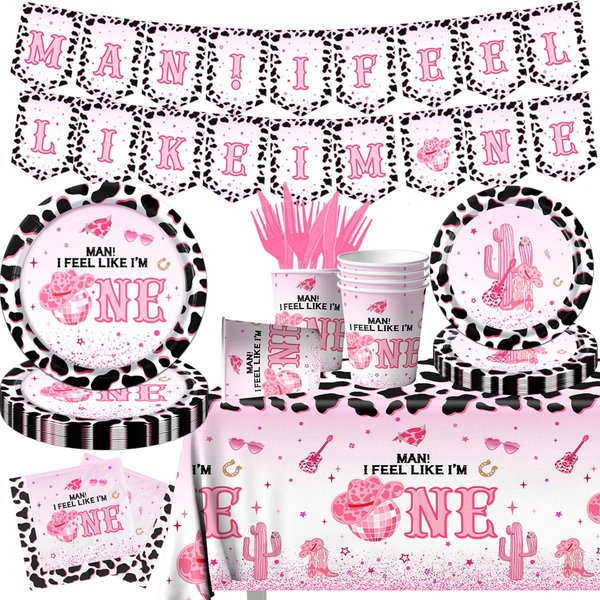 Western Cowgirl Birthday Party Decoration,142Pcs Pink Disco Cowgirl 1st Tableware Set I’m One Cowgirl Plates Napkins Cowgirl Tablecloth for My First Rodeo Let’s Go Cowgirl 1st Baby Shower Decoration