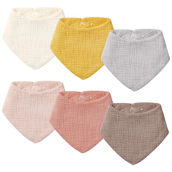 POIKSHARK 6 Pack Muslin Baby Bibs, Organic Baby Bandana Drool Bibs, Unisex Color, Baby Bibs for Girls & Boys, Soft Cotton Teething Bibs