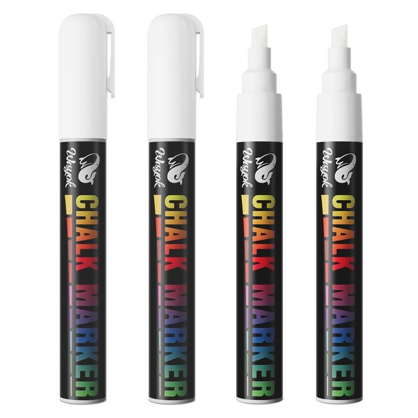 WISYOK 4 Pack Liquid Chalk Marker, Erasable Ink White Drawing Chalk for Chalkboards Signs, Windows, Blackboard, Glass, Acrylic, 6mm Reversible Bullet & Chisel Tip