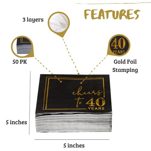 Cheers to 40 Years Cocktail Napkins - 50PK - 3-Ply 40th Birthday Napkins 5x5 Inches Disposable Party Napkins Paper Beverage Napkins for 40th Birthday Decorations Wedding Anniversary Black and Gold